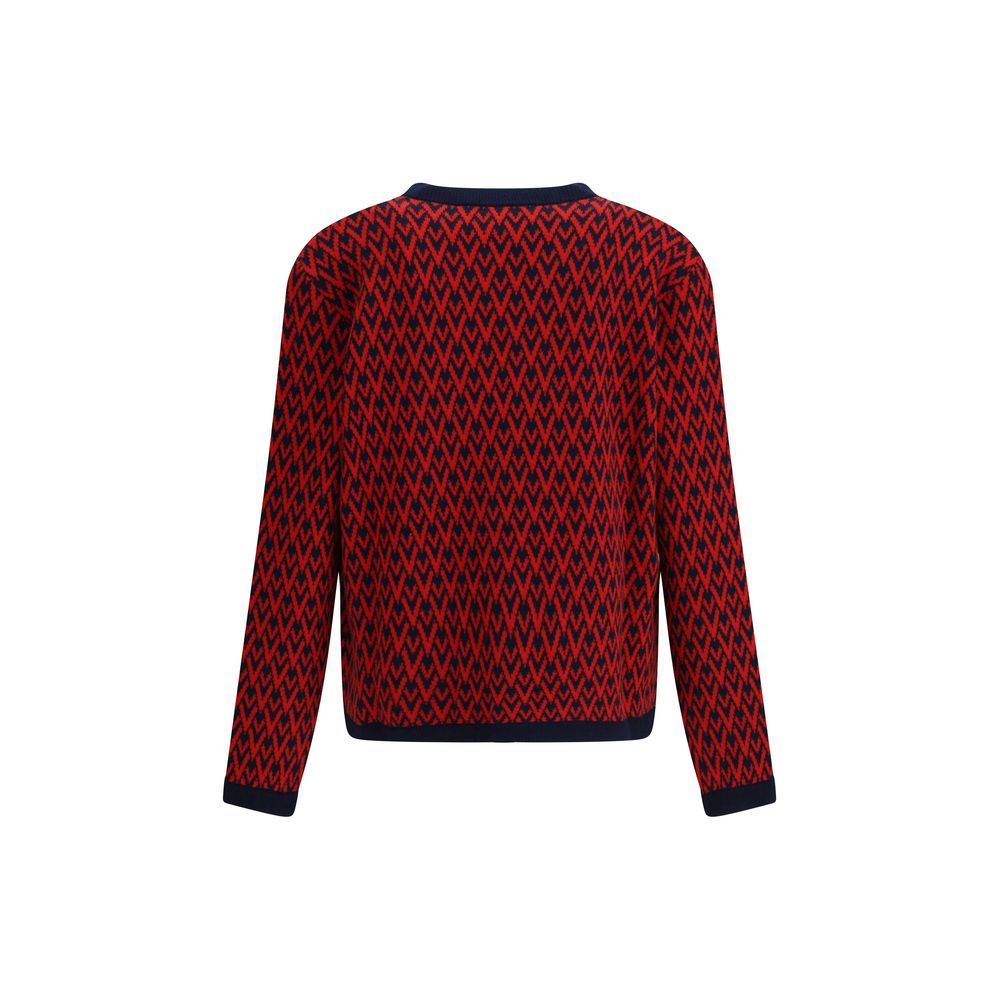 Back view of Valentino Multicolor Fleece Wool Cardigan with all-over V logo pattern and ribbed hems, showcasing elegant design details.