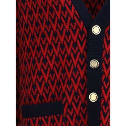 Valentino Multicolor Fleece Wool Cardigan with embossed buttons and all-over V logo pattern, features ribbed hems and welt pockets.