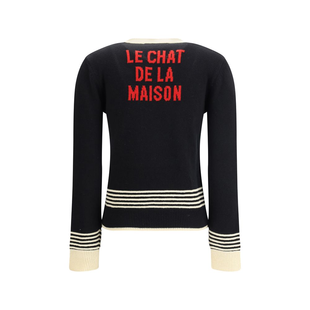 Valentino Multicolor Fleece Wool Sweatshirt with 'Le Chat de la Maison' embroidery and striped ribbed details.