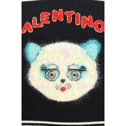 Valentino Multicolor Fleece Wool Sweatshirt with 'Le Chat de la Maison' embroidery on black knit, showcasing unique style and craftsmanship.
