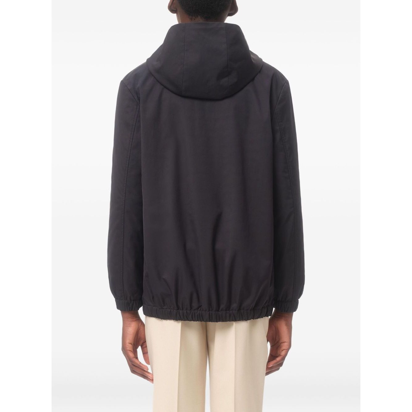 Back view of Valentino Nylon Hooded Jacket with VLogo Patch in navy blue, featuring a classic hood and elastic hem.