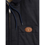 Navy blue Valentino Nylon Hooded Jacket with VLogo Patch, featuring chest pocket and front zip.