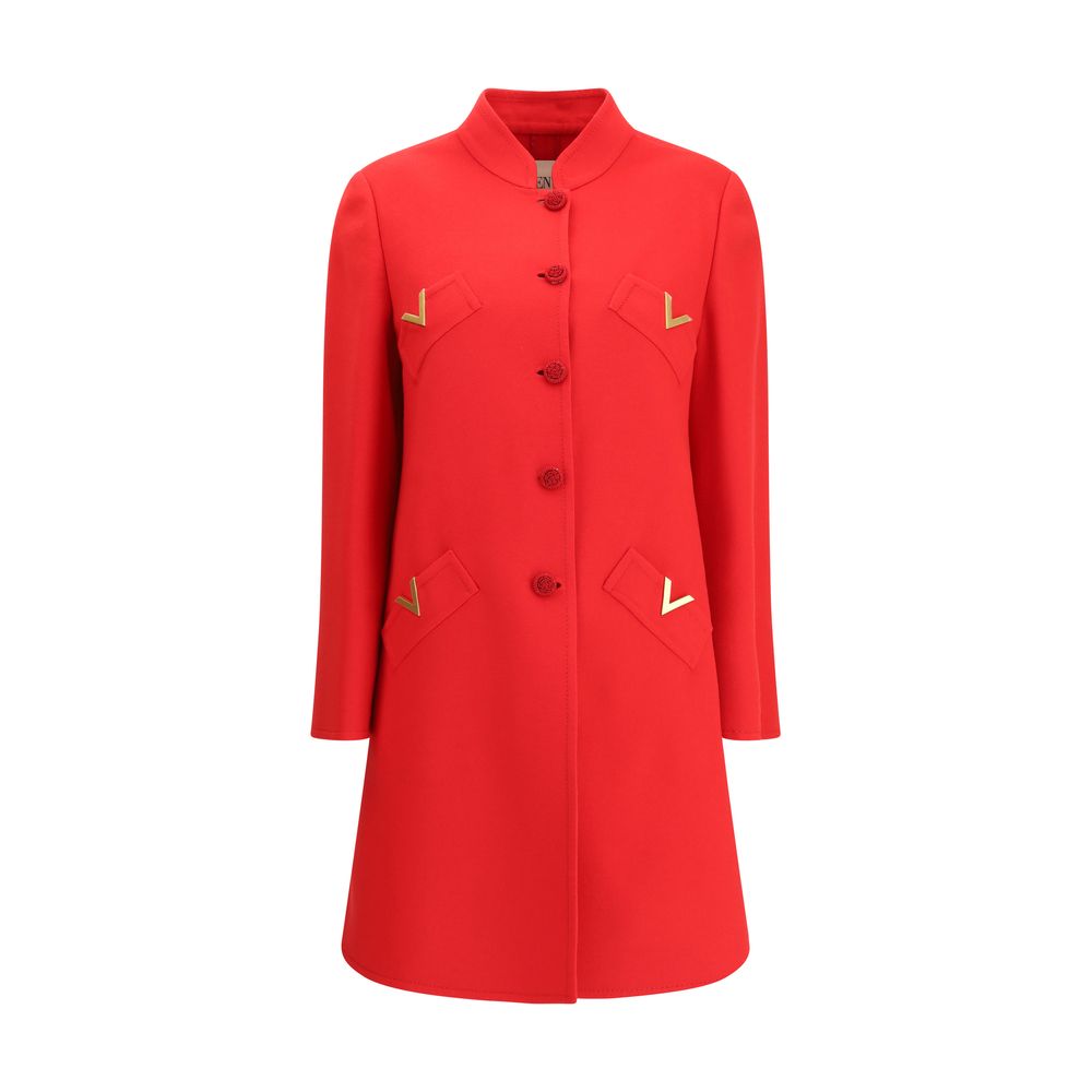 Valentino Red Fleece Wool Coat with gold VLogo, single-breasted design, and soutache buttons for elegant style.