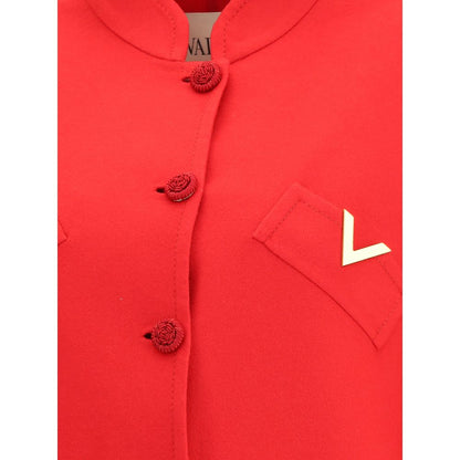 Valentino Red Fleece Wool Coat with soutache buttons and VLogo on welt pocket, showcasing elegant details of the compact drap fabric.