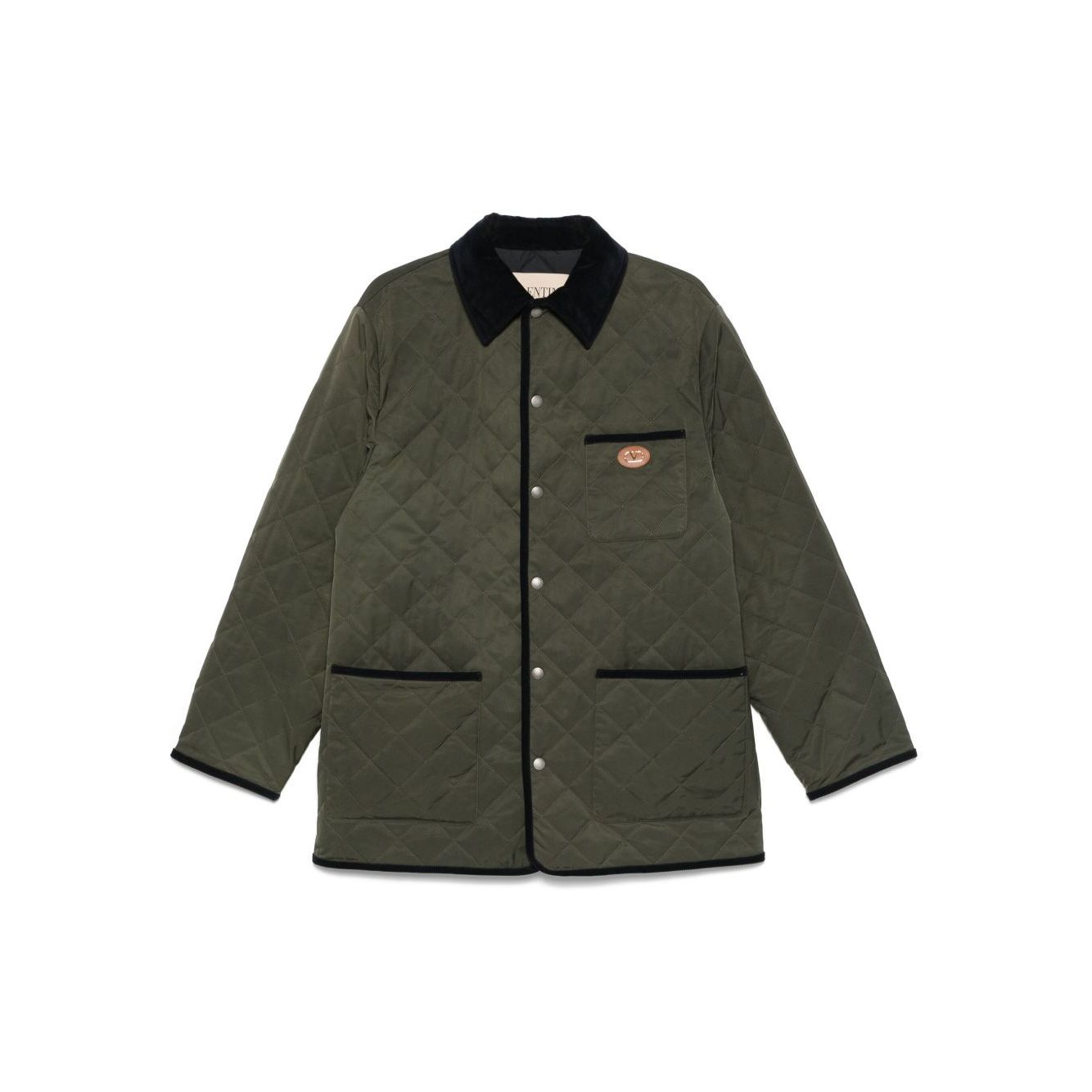 Valentino Vlogo Signature quilted jacket in olive green with contrasting collar and press-stud fastening, featuring three front patch pockets.