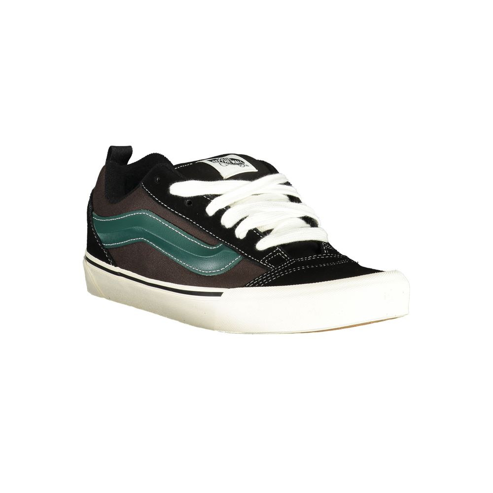 Vans Black Leather Men Sneaker with green details and iconic logo, bold street style shoes with polyester and leather for comfort.