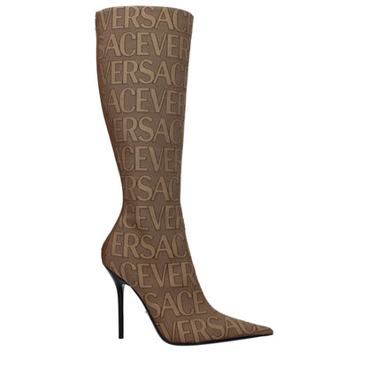 Versace Beige Fabric High Heel Boots with logo, zip closure, leather sole, pointy toe, and high heel, style code F80012.