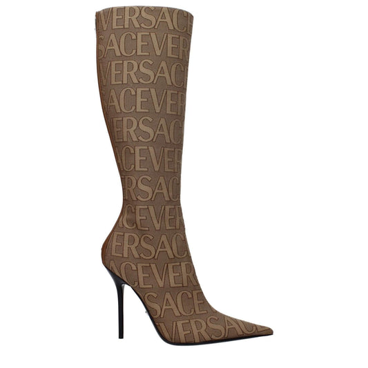 Versace Beige Fabric High Heel Boots with logo, zip closure, leather sole, pointy toe, and high heel, style code F80012.
