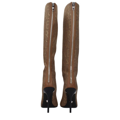 Versace Beige Fabric High Heel Boots with zip closure, pointy toe, and leather sole featuring logo design, 11 cm heel height.