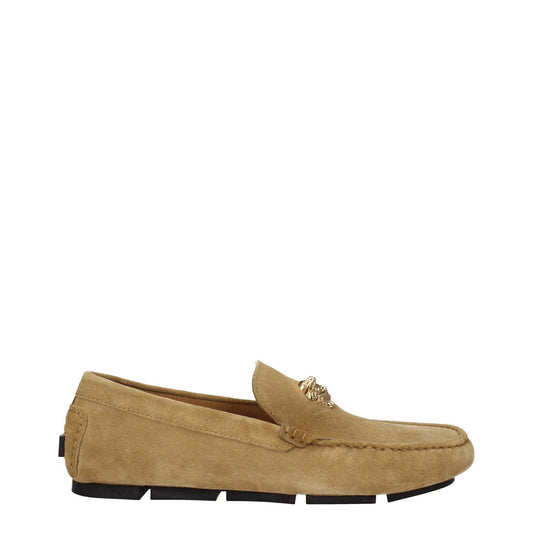 Versace Beige Leather Slip-On Loafers in suede with front logo, casual style, leather sole, and round toe design. MPN 10037011A006341K78V.