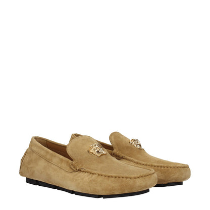 Alt Tag: Versace Beige Leather Slip-On Loafers with suede finish and gold logo, casual style with round toe and leather sole.