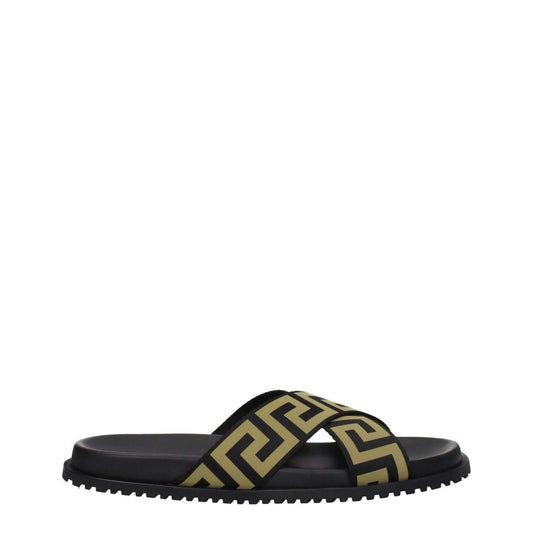 Versace Black Fabric Slippers with gold accents and open toe design. Casual style with rubber sole and low flat heel.