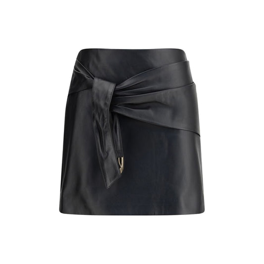 Versace Black Lamb Ovis Aries Aries Mini Skirt with decorative knot, made in Italy, front view.