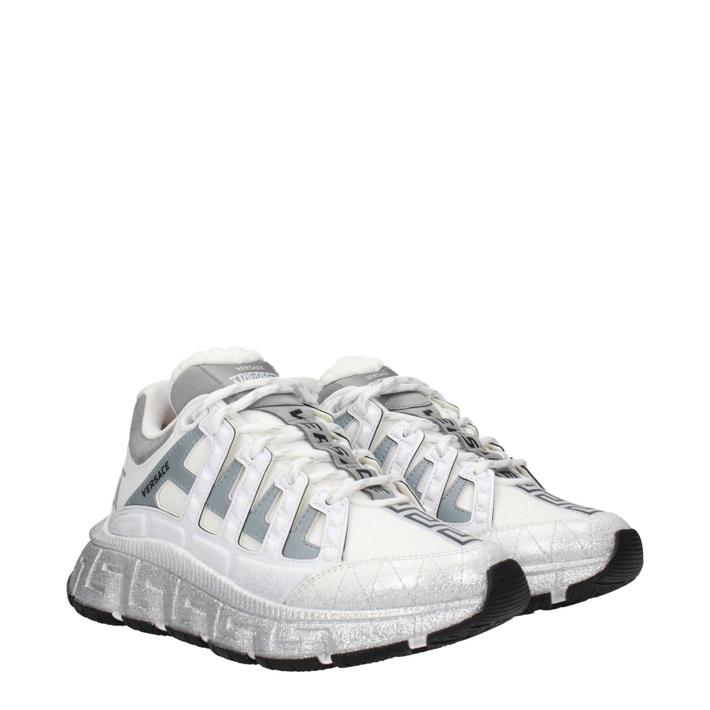 Versace White Fabric Athletic Sneakers with silver accents, featuring logos on front, side, and back. Lace-up closure, rubber sole, mid heels.
