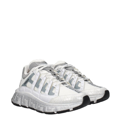 Versace White Fabric Athletic Sneakers with silver accents, featuring logos on front, side, and back. Lace-up closure, rubber sole, mid heels.