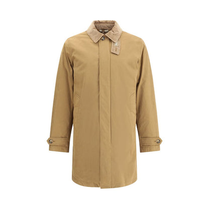 Woolrich Beige Polyester Coat with corduroy collar and concealed zipper, perfect for winter elegance and functionality.
