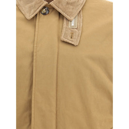 Close-up of Woolrich Beige Polyester Coat with corduroy collar and button detail, showcasing the elegant and functional winter design.