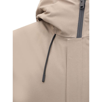 Close-up of Woolrich Beige Polyester Shell Jacket with adjustable drawstring hood and zipper detail for versatile weather conditions.