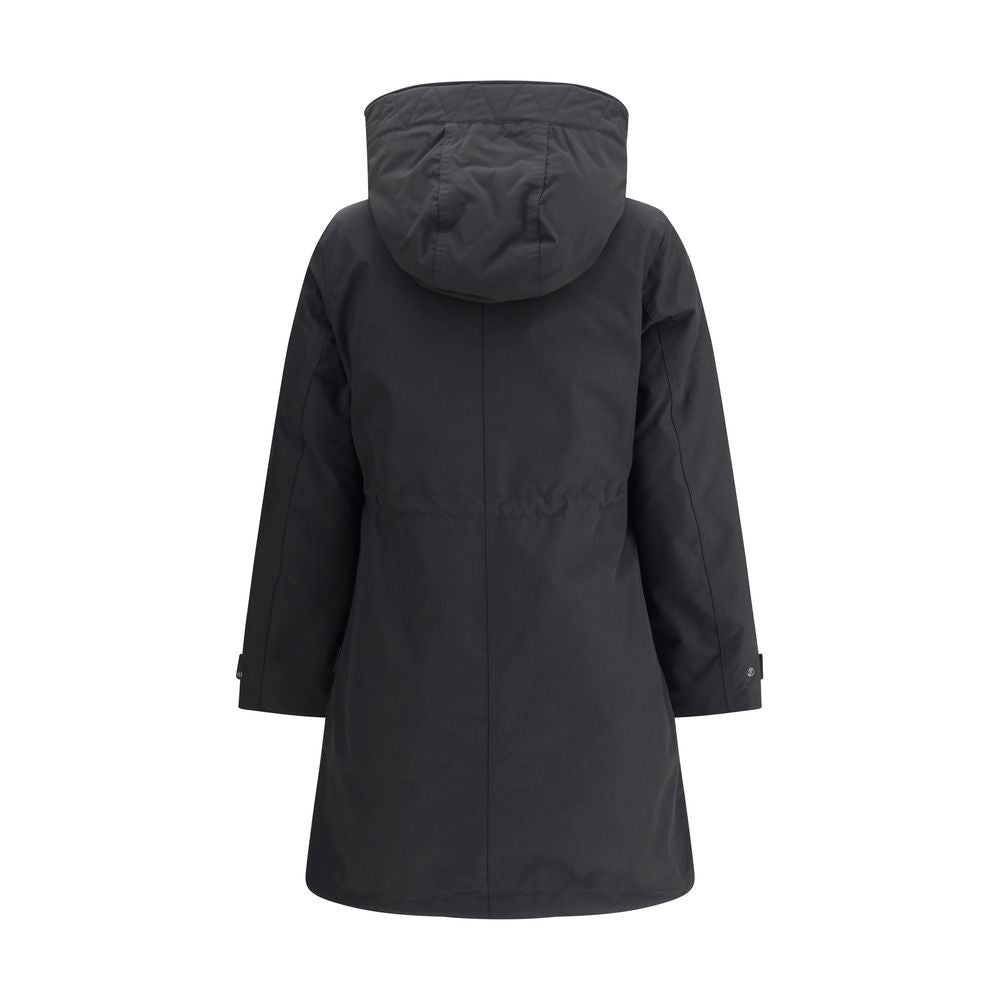Back view of Woolrich Black Cotton Clothing 3-in-1 Parka Jacket with hood, featuring quilted design and adjustable cuffs.