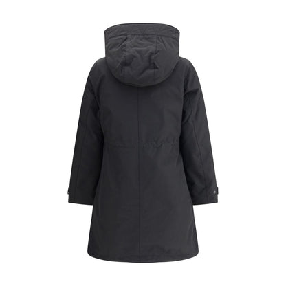 Back view of Woolrich Black Cotton Clothing 3-in-1 Parka Jacket with hood, featuring quilted design and adjustable cuffs.