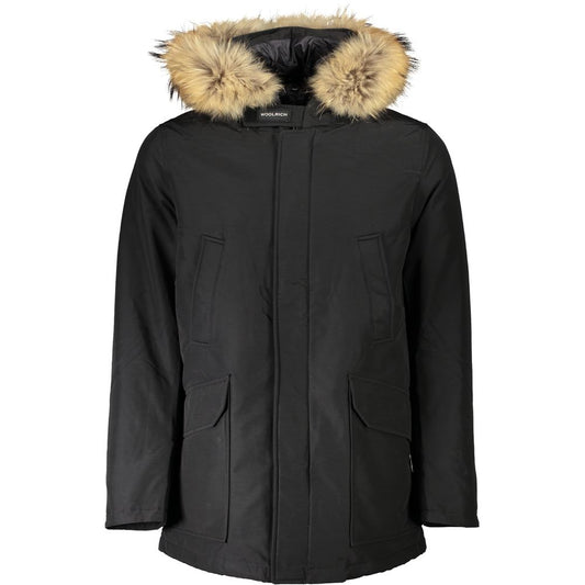 Woolrich Black Cotton Men Jacket with removable fur-trimmed hood and multiple pockets, showcasing sleek design and signature logo.