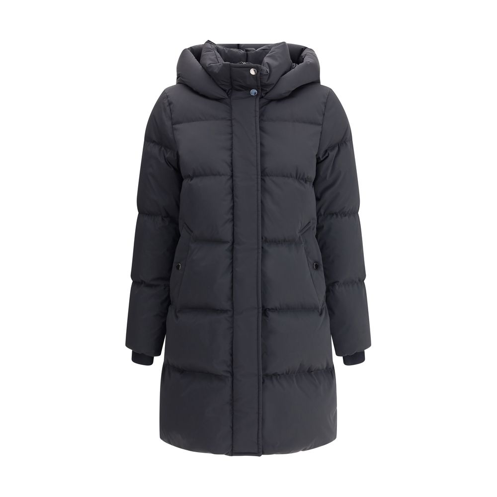 Woolrich Black Goose Down Coat - Kelly Down Jacket with hood, elastic cuffs, zip and button closure, perfect for warmth and style, AW25 season.