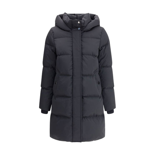Woolrich Black Goose Down Coat - Kelly Down Jacket with hood, elastic cuffs, zip and button closure, perfect for warmth and style, AW25 season.