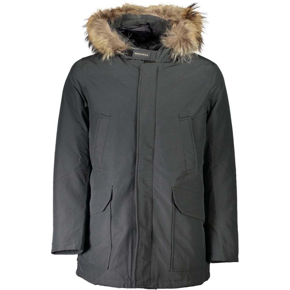 Woolrich Gray Cotton Men's Jacket with fur-trimmed hood and multiple pockets