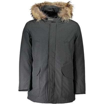 Woolrich Gray Cotton Men's Jacket with fur-trimmed hood and multiple pockets