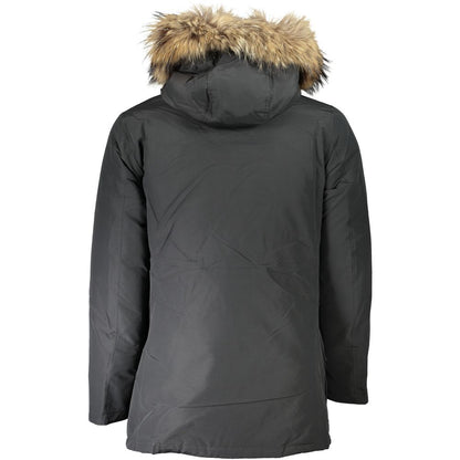 Woolrich Gray Cotton Men's Jacket with fur-lined hood, rear view showcasing design and fabric texture for style and weather protection.