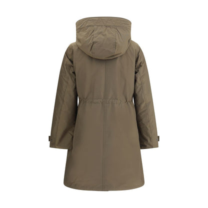 Back view of Woolrich Green Cotton Parka showcasing hood and padded design, featuring adjustable cuffs and a decomposable 3-in-1 style.