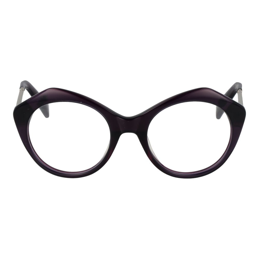 Yohji Yamamoto Purple Women Glasses Frame, full-rim round style, metal and plastic, demo lenses, includes branded soft case.
