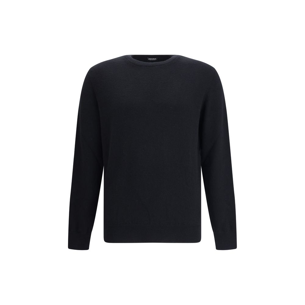 ZEGNA Black Cashmere Cashmere Sweater with ribbed crew neck for AW25 season, showcasing luxury and timeless elegance in fine yarn.
