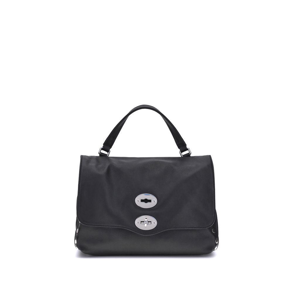 Zanellato Black Calf Leather Bos Taurus Handbag with twist-hook closure and top handle, featuring a versatile shoulder strap.