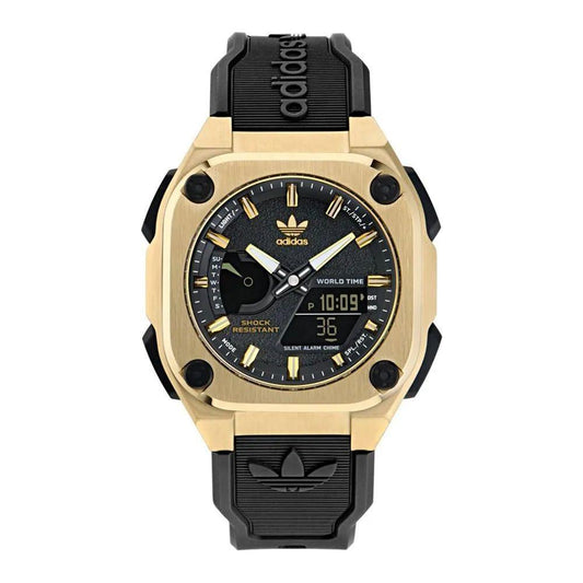 Adidas black synthetic watch with golden stainless steel case, black silicone bracelet, analog/digital display, world time feature, quartz mechanism.