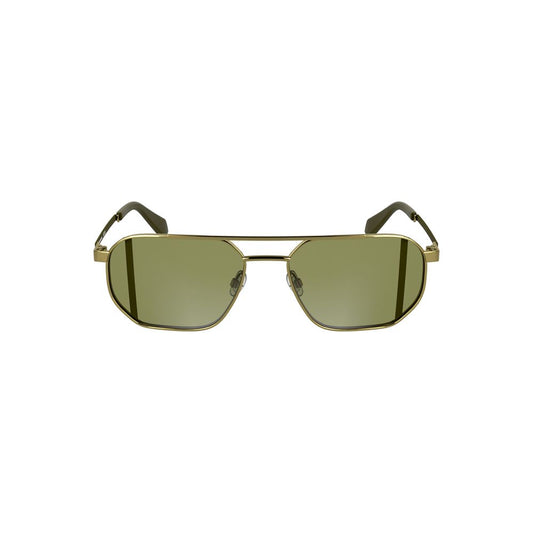Calvin Klein gold metal men's sunglasses with green lenses, featuring a stylish square design and contemporary flair. Classic sophistication.