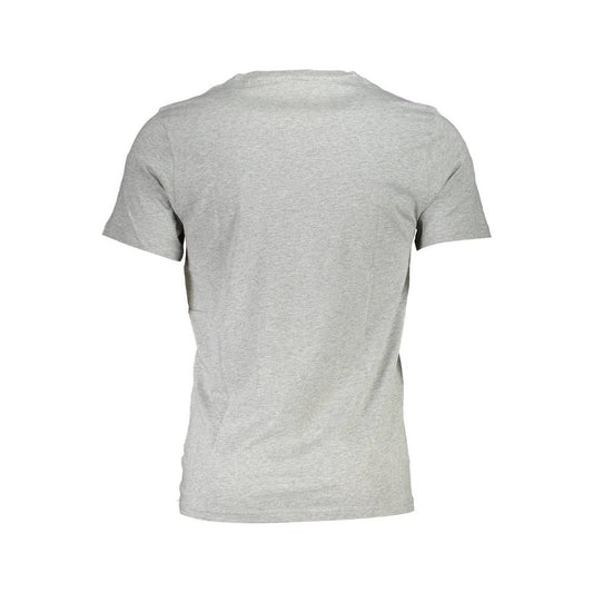 Back view of a gray cotton men's T-shirt with short sleeves, showcasing simple and classic design.