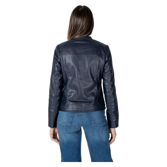 Woman wearing Street One black polyester jacket, rear view, showcasing 100% polyester composition and modern style for women's collection.