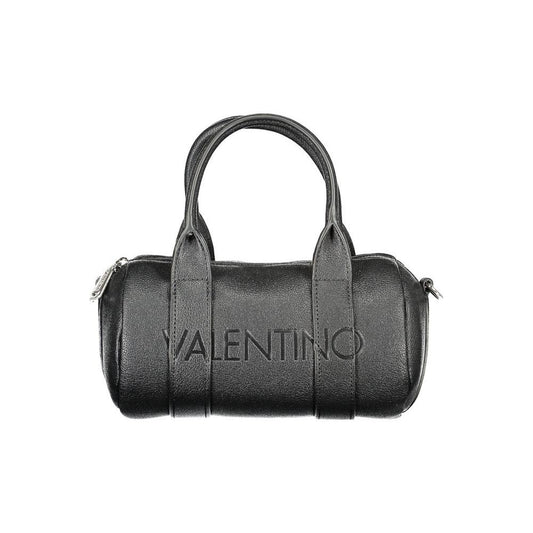 Valentino black polyethylene handbag with twin handles, adjustable shoulder straps, zip closure, and logo, eco-friendly design.
