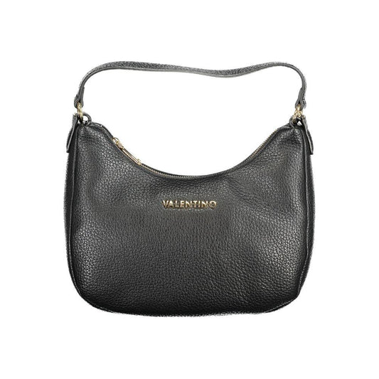 Valentino black polyethylene handbag with shoulder strap, featuring sleek design and gold logo, perfect for stylish ensembles.