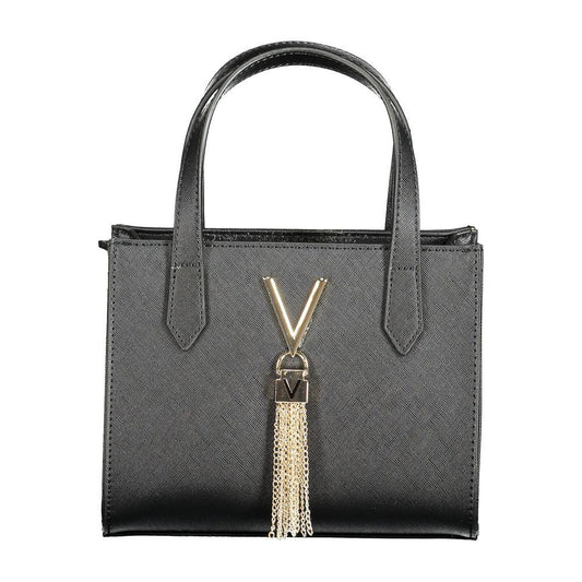 Valentino Bags black polyethylene handbag with gold V embellishment and dual handles, featuring detachable shoulder strap.