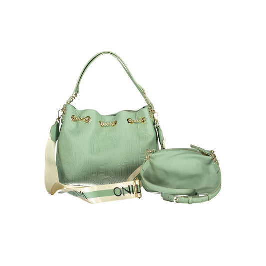 Valentino green polyethylene handbag with dual shoulder handles, removable straps, contrasting details, and snap closure.