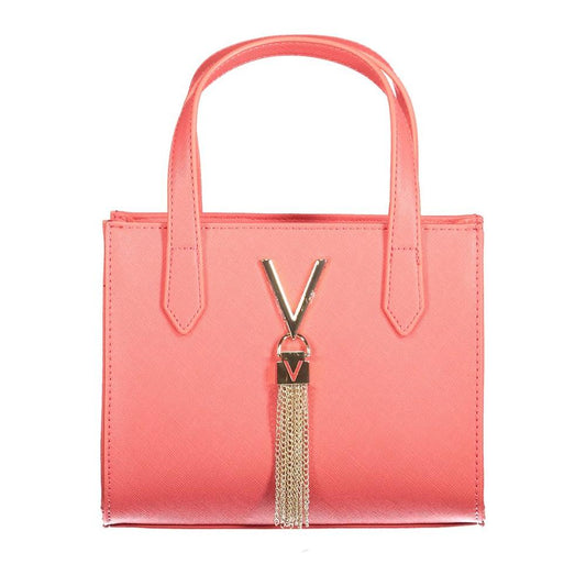 Valentino Bags pink polyethylene women's handbag with elegant double handles and gold V tassel detail.