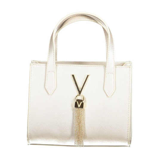 Elegant Valentino white handbag with gold tassel and V logo, perfect for sophisticated style and versatility.